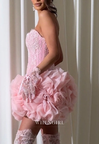 Sweetheart Lace Corset Ruffled Mini Dress