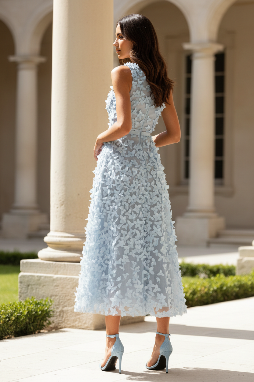 One-Shoulder 3D Floral Applique Midi Dress