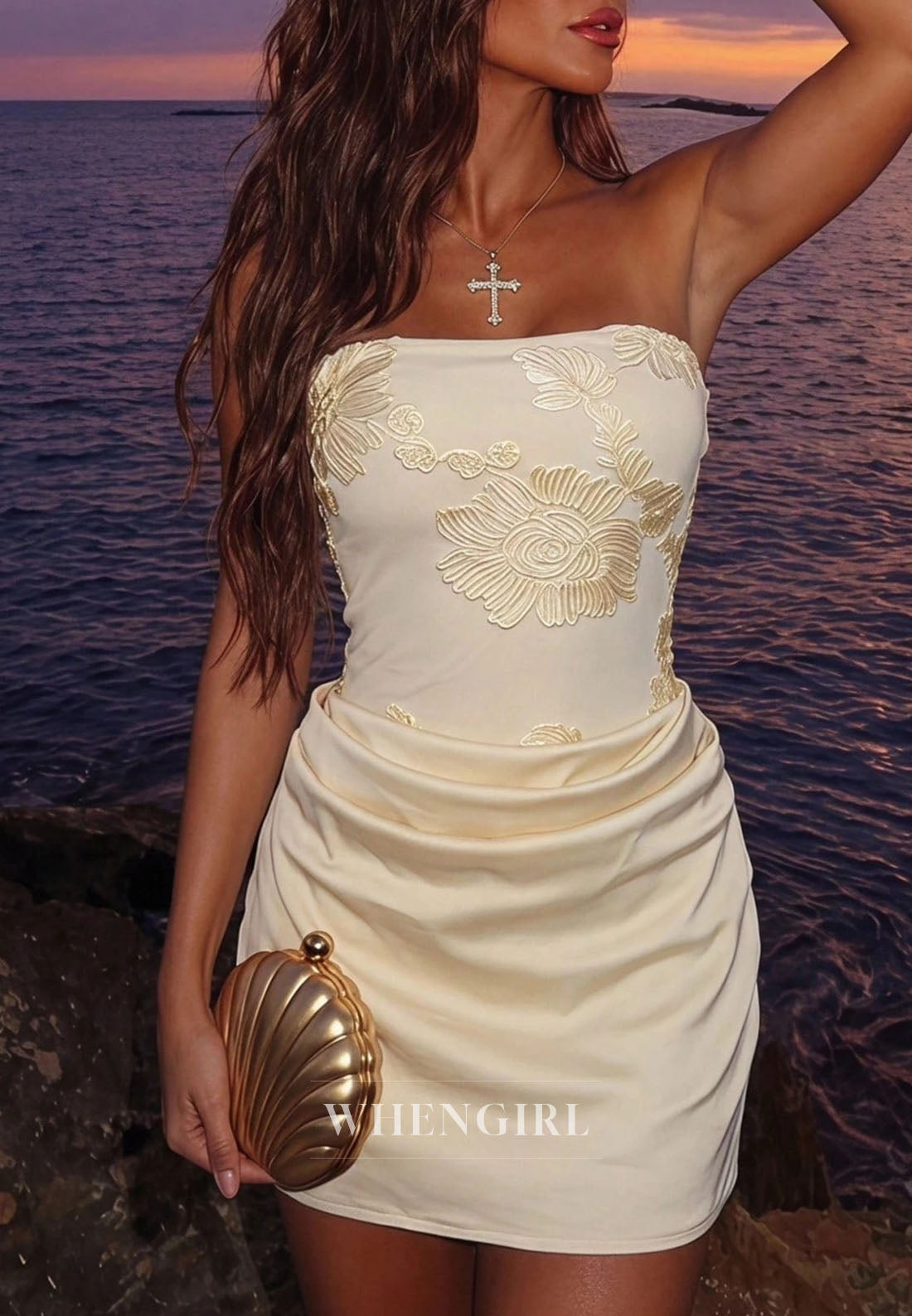 Strapless Embroidered Satin Mini Dress with Ruched Skirt