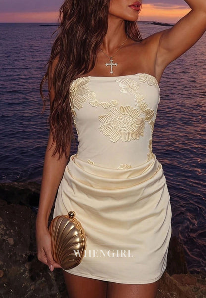 Strapless Embroidered Satin Mini Dress with Ruched Skirt