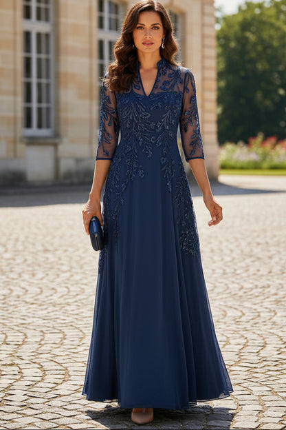 Illusion Beaded A-Line Evening Gown with 3/4 Sleeves