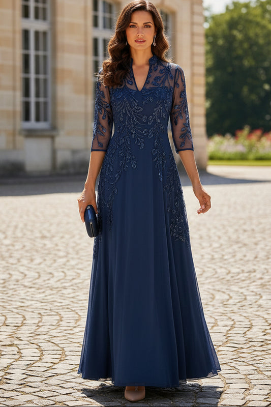 Illusion Beaded A-Line Evening Gown with 3/4 Sleeves