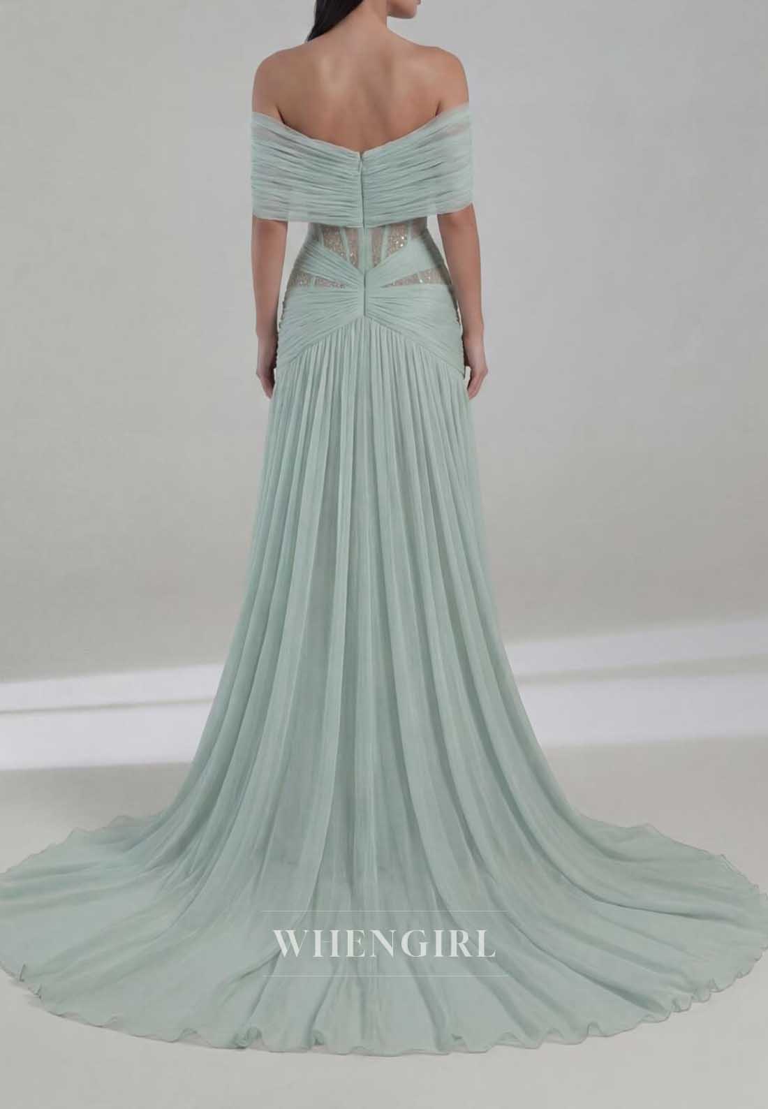 Off-Shoulder Pleated Tulle Corset Evening Gown