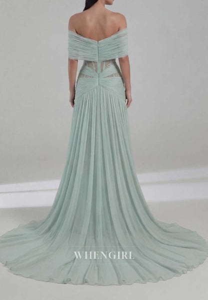 Off-Shoulder Pleated Tulle Corset Evening Gown