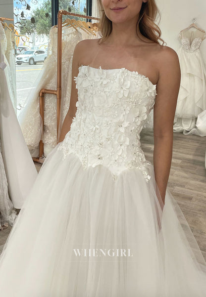 Strapless 3D Floral Bodice Tulle Wedding Ball Gown