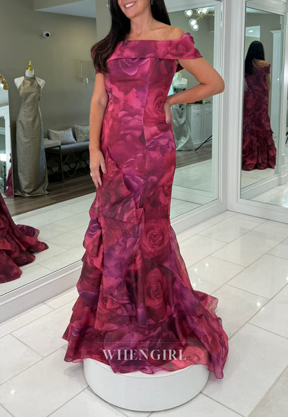 Off-the-Shoulder Floral Trumpet Gown with Ruffles