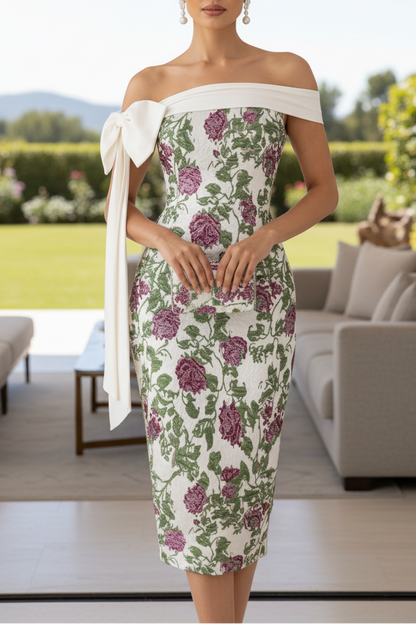 Off-Shoulder Floral Jacquard Midi Dress