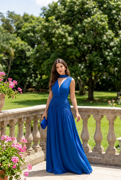 Pleated V-Neck Maxi Dress with Scarf Neckband