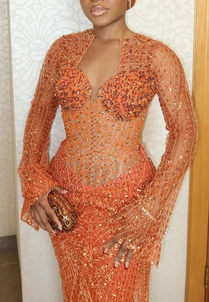 Beaded Illusion Corset Long Sleeve Gown