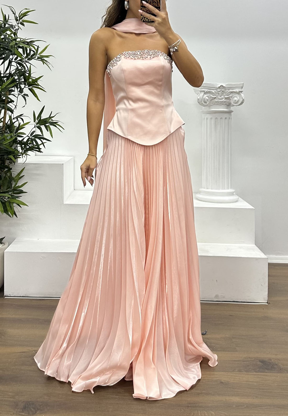 Embellished Strapless Top and Pleated Skirt Set