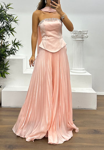 Embellished Strapless Top and Pleated Skirt Set