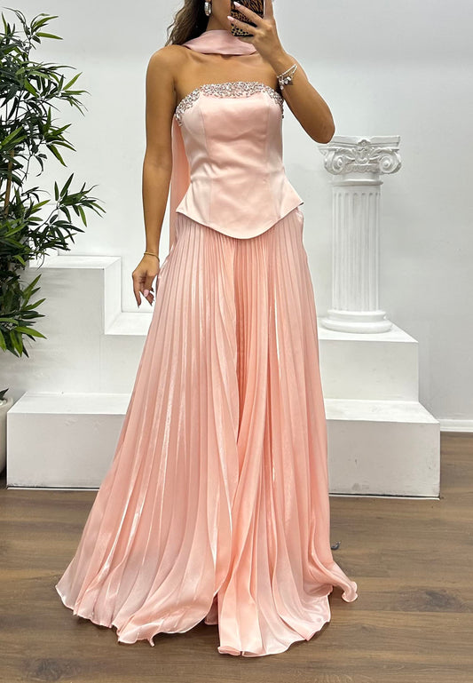 Embellished Strapless Top and Pleated Skirt Set