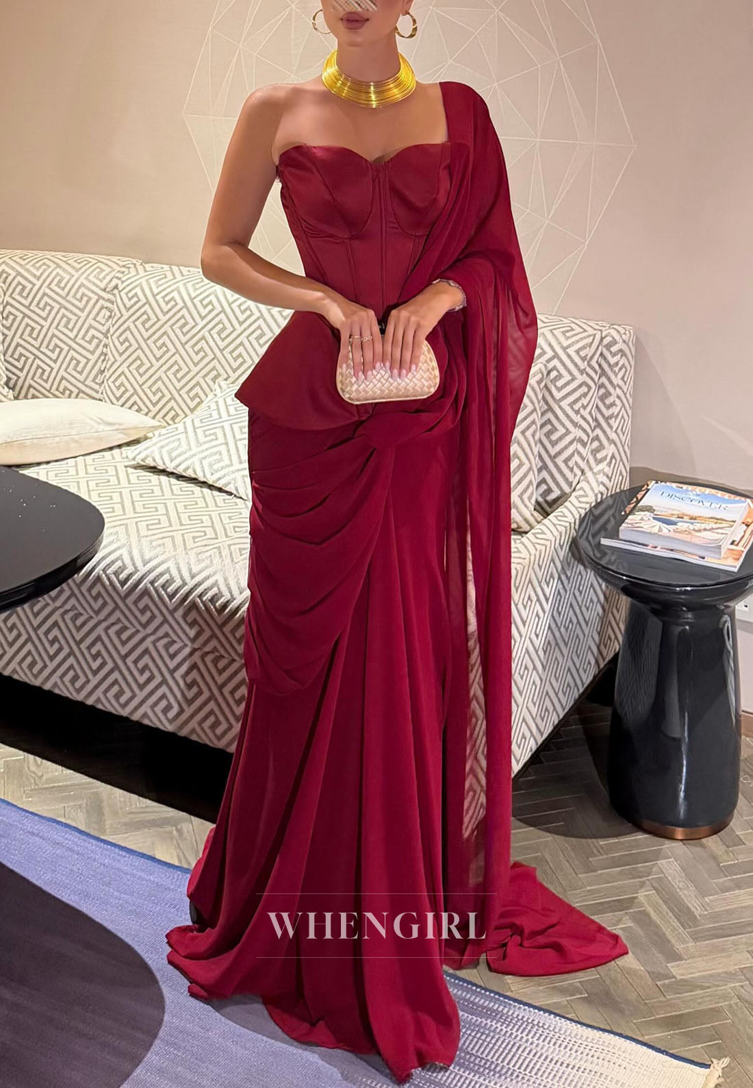 Corset Peplum Evening Gown with Shoulder Drape