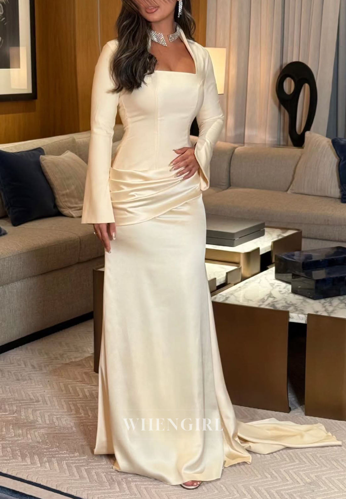 Square Neck Satin Gown with Bell Sleeves & Draped Hip