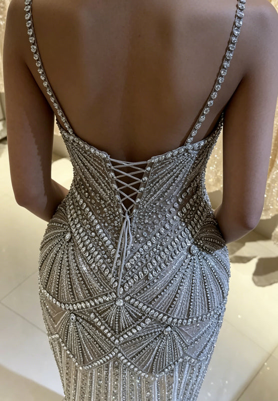 Art Deco Beaded Spaghetti Strap Evening Gown