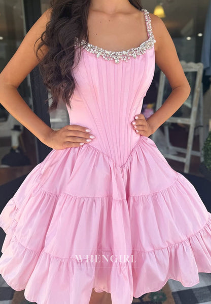 Tiered Ruffle Mini Dress with Crystal Square Neckline
