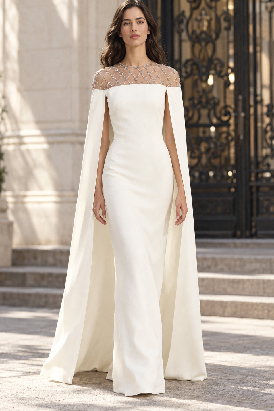 Beaded Illusion Cape Evening Gown