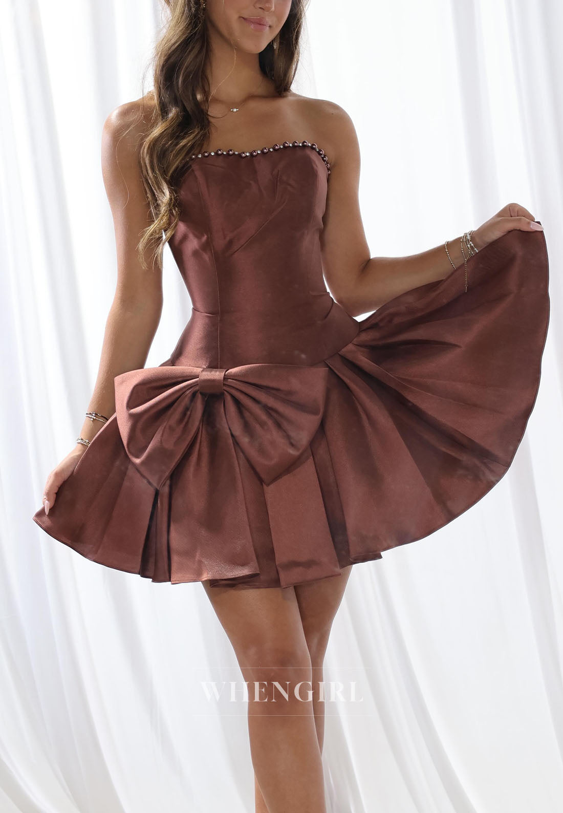 Strapless Satin Pleated Mini Dress with Bow