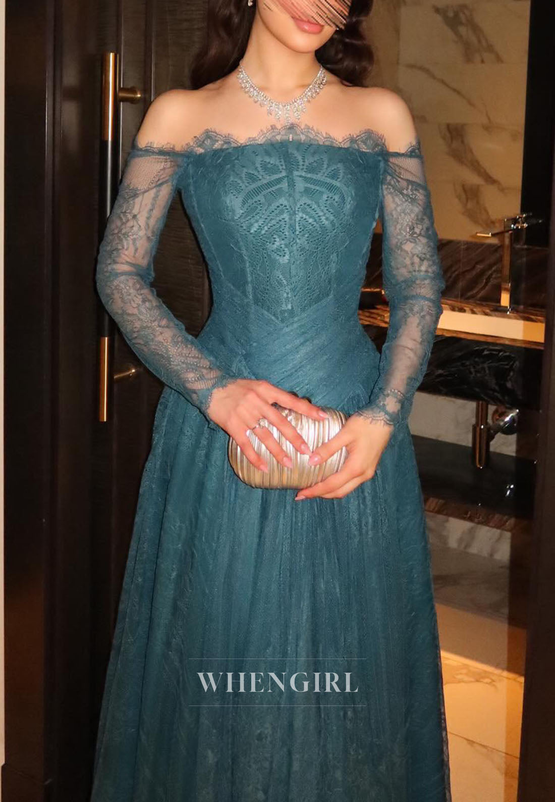 Off-the-Shoulder Lace Gown with Pleated Bodice