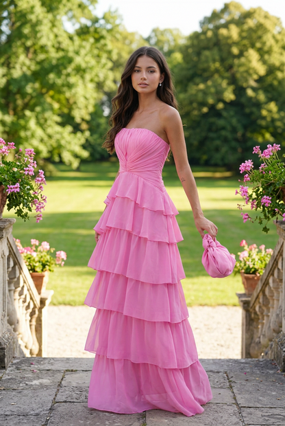 Strapless Ruched Tiered Maxi Dress