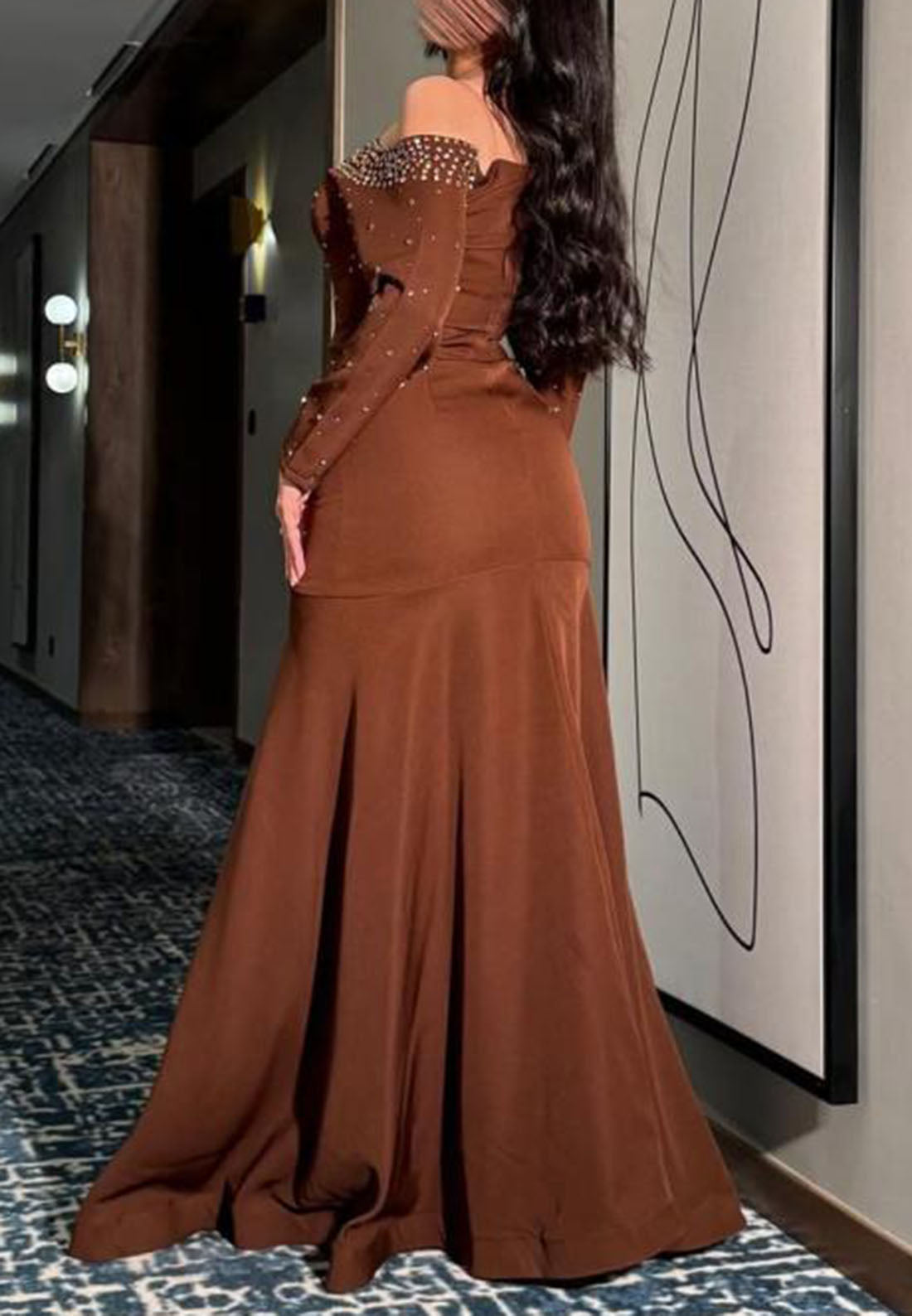Off-the-Shoulder Beaded Mermaid Gown with Long Sleeves
