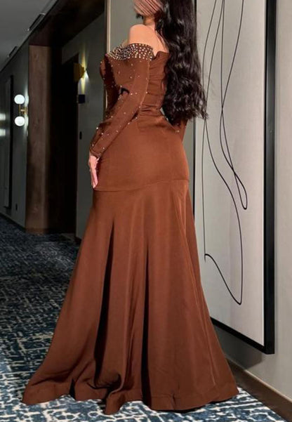 Off-the-Shoulder Beaded Mermaid Gown with Long Sleeves