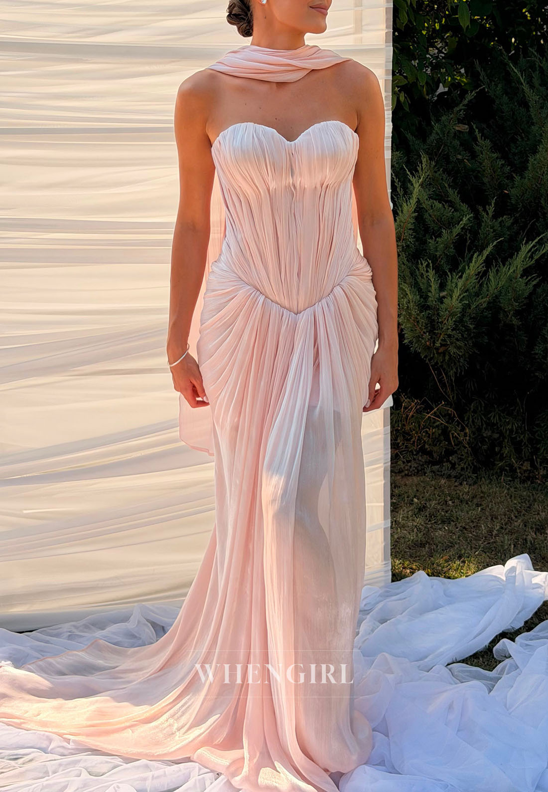 Strapless Pleated Corset Gown with Scarf