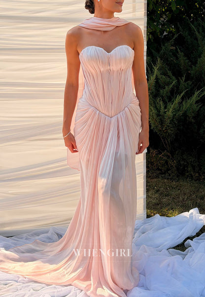 Strapless Pleated Corset Gown with Scarf