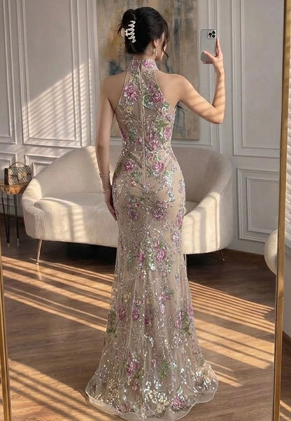 Halter Floral Sequin Mermaid Gown