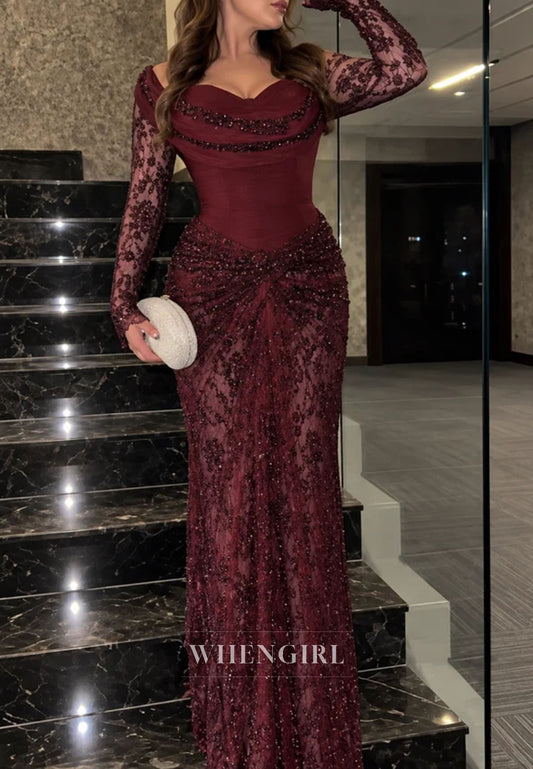 Beaded Lace Evening Gown with Long Sleeves