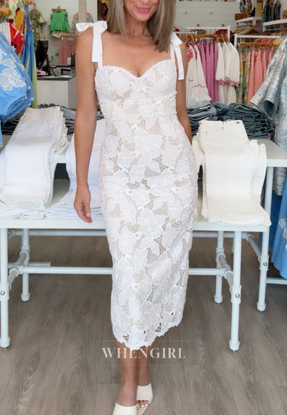 Floral Lace Midi Dress with Tie Straps & Lace-Up Back