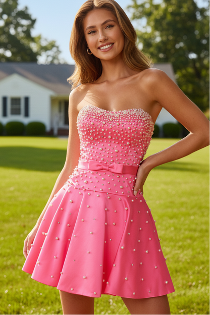 Strapless Pearl-Embellished A-Line Mini Dress