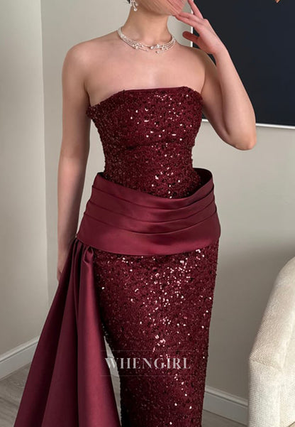 Strapless Sequin Column Gown with Satin Side Drape