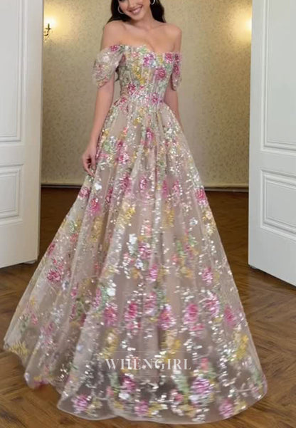 Off-the-Shoulder Floral Embroidered Corset A-Line Gown