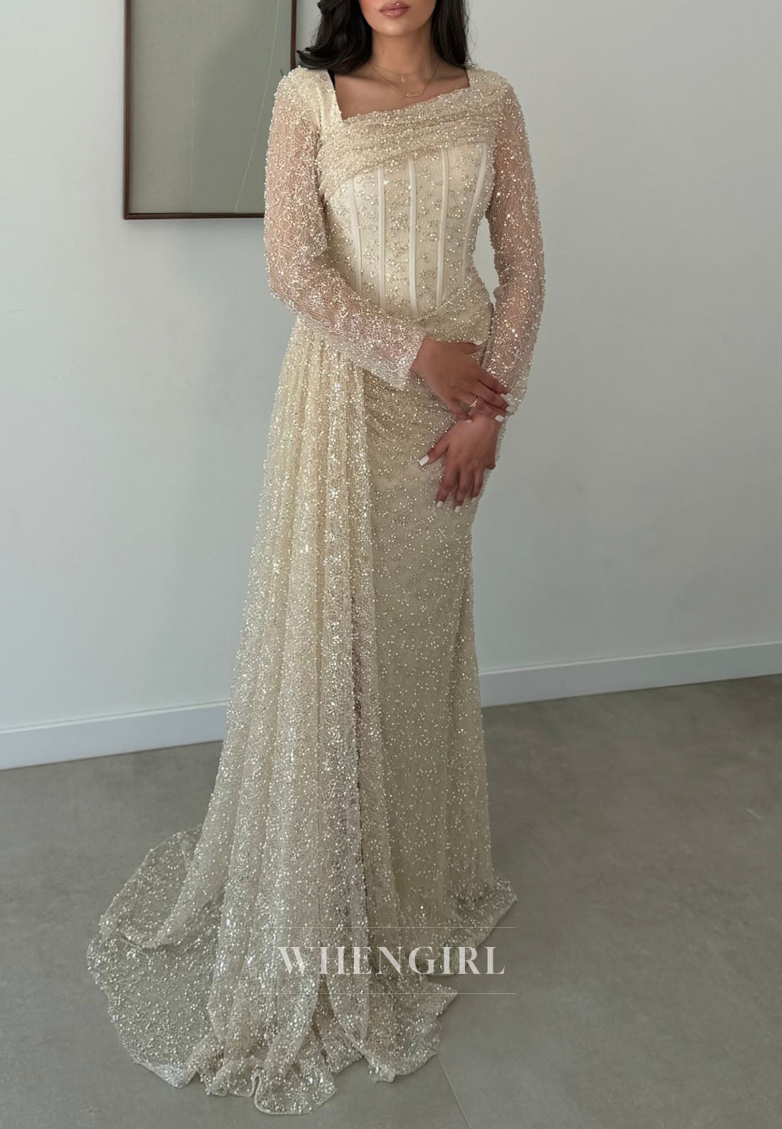Asymmetrical Corset Beaded Long Sleeve Evening Gown