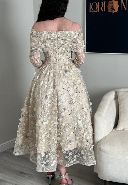 Off-the-Shoulder 3D Floral Applique Tea-Length Dress