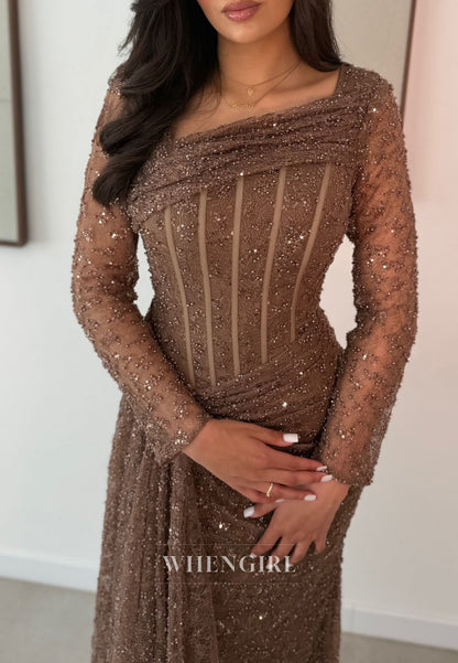 Asymmetrical Corset Beaded Long Sleeve Evening Gown