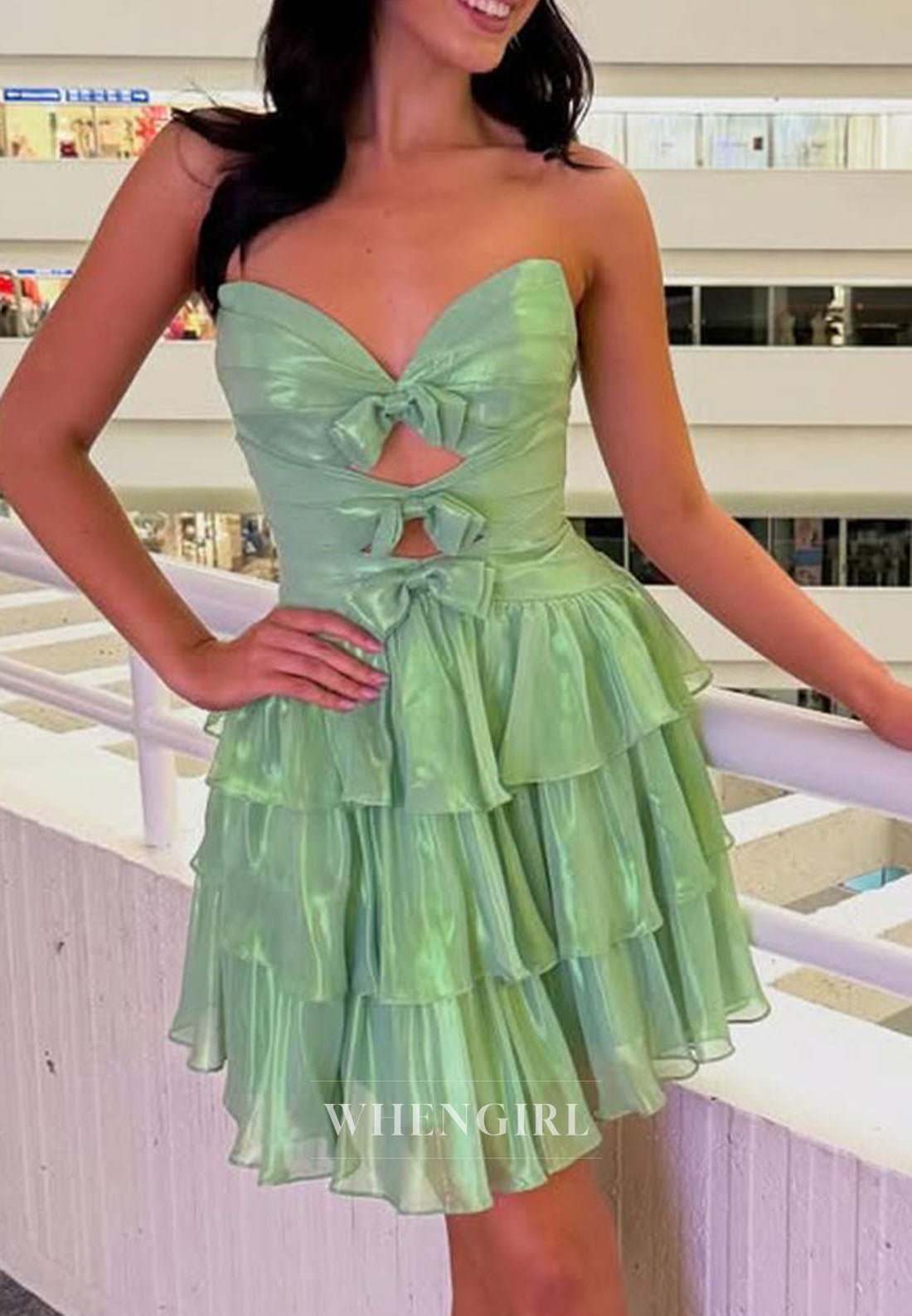 Strapless Tiered Ruffle Mini Dress with Bows
