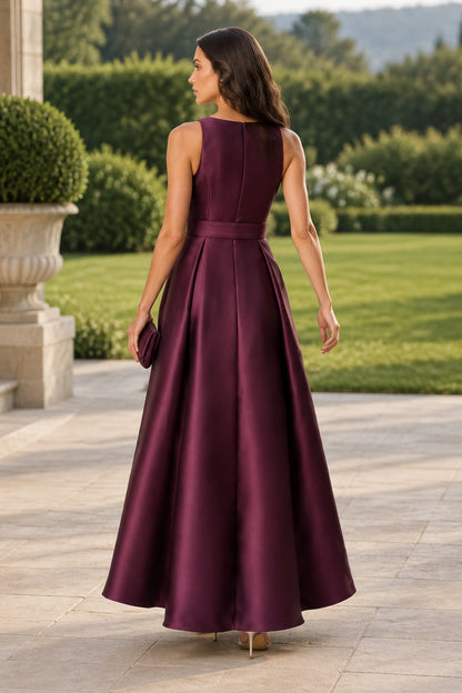 Embellished Neckline High-Low Satin Dress with Belt