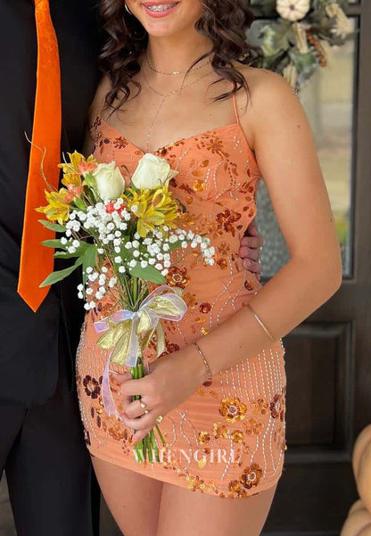 Beaded Floral Sequin Mini Homecoming Dress