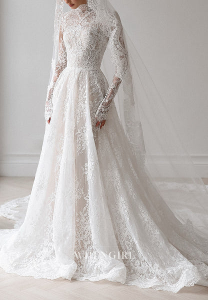High Neck Lace Wedding Dress with Long Sleeves