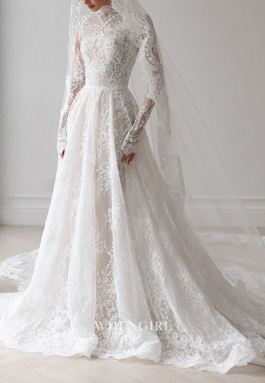High Neck Lace Wedding Dress with Long Sleeves