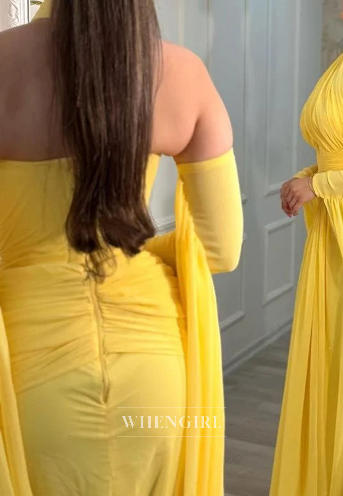 Crossed Halter Gown with Sleeves & Draped Cape
