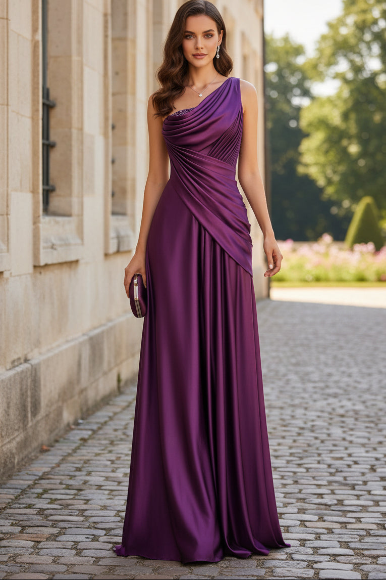 One-Shoulder Pleated Satin Evening Gown