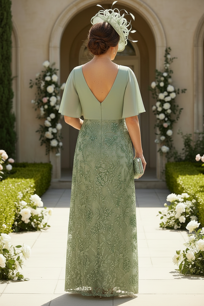 V-Neck Flutter Sleeve Embroidered Lace Gown