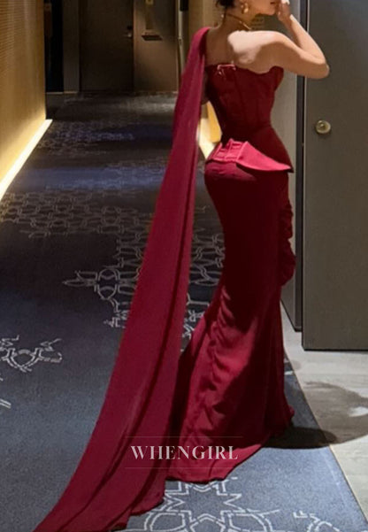 Corset Peplum Evening Gown with Shoulder Drape