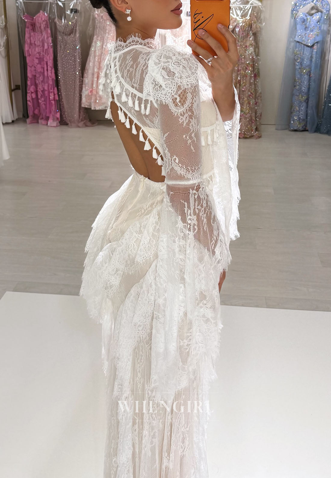Lace Bell Sleeve Corset Gown with Tassels