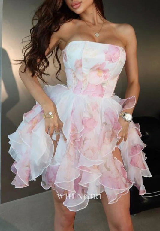 Strapless Floral Corset Ruffle Mini Dress
