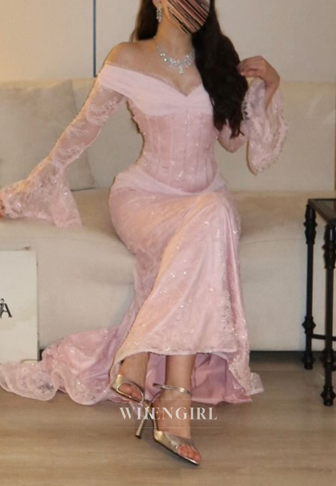 Corset Lace Mermaid Evening Gown with Bell Sleeves