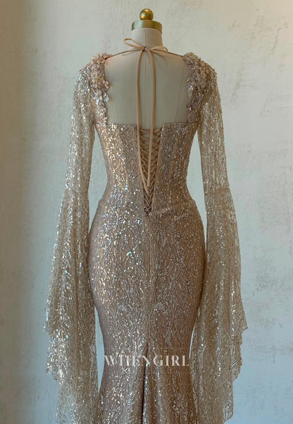 Sequined Mermaid Gown with Bell Sleeves